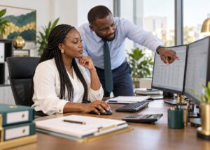 Comptables travaillant sur une comptabilité conforme au SYSCOHADA révisé dans un bureau à Lomé