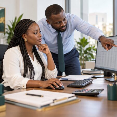 Comptables travaillant sur une comptabilité conforme au SYSCOHADA révisé dans un bureau à Lomé