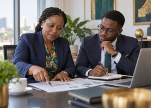 Auditeurs analysant des états financiers lors d'une mission d'audit comptable et financier au Togo