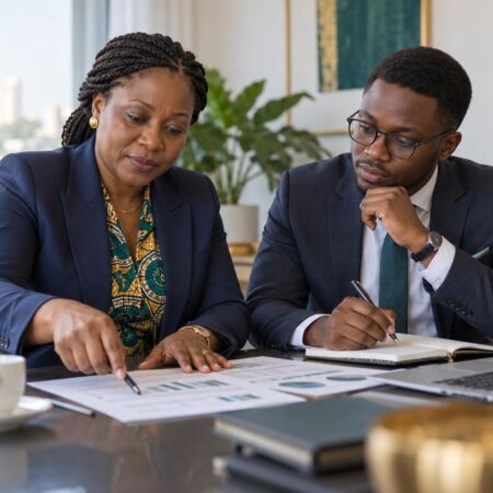 Auditeurs analysant des états financiers lors d'une mission d'audit comptable et financier au Togo