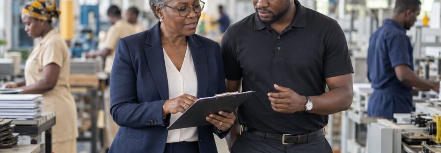 Auditrice examinant la comptabilité d'une PME avec son dirigeant sur le site de production