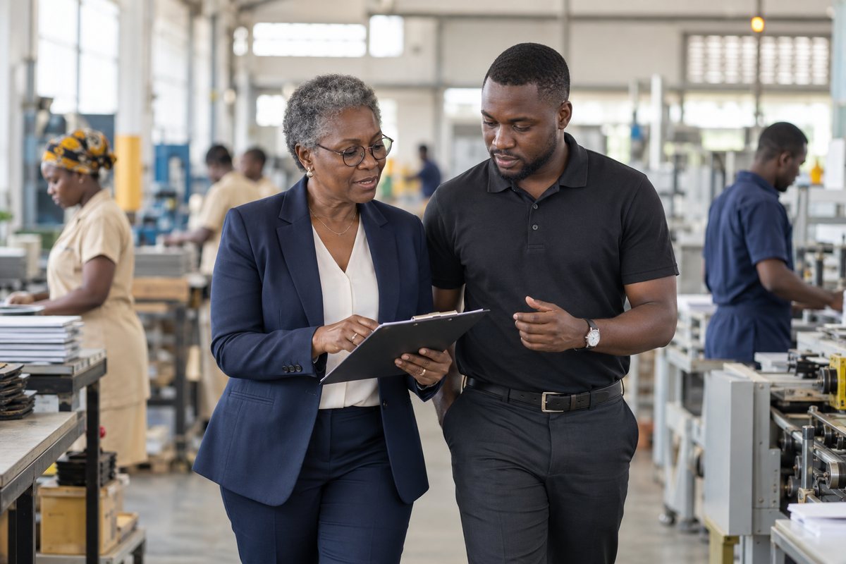 Auditrice examinant la comptabilité d'une PME avec son dirigeant sur le site de production