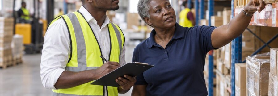 Auditeur interne contrôlant les stocks d'un entrepôt avec la responsable logistique