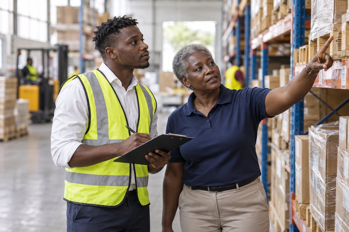 Auditeur interne contrôlant les stocks d'un entrepôt avec la responsable logistique