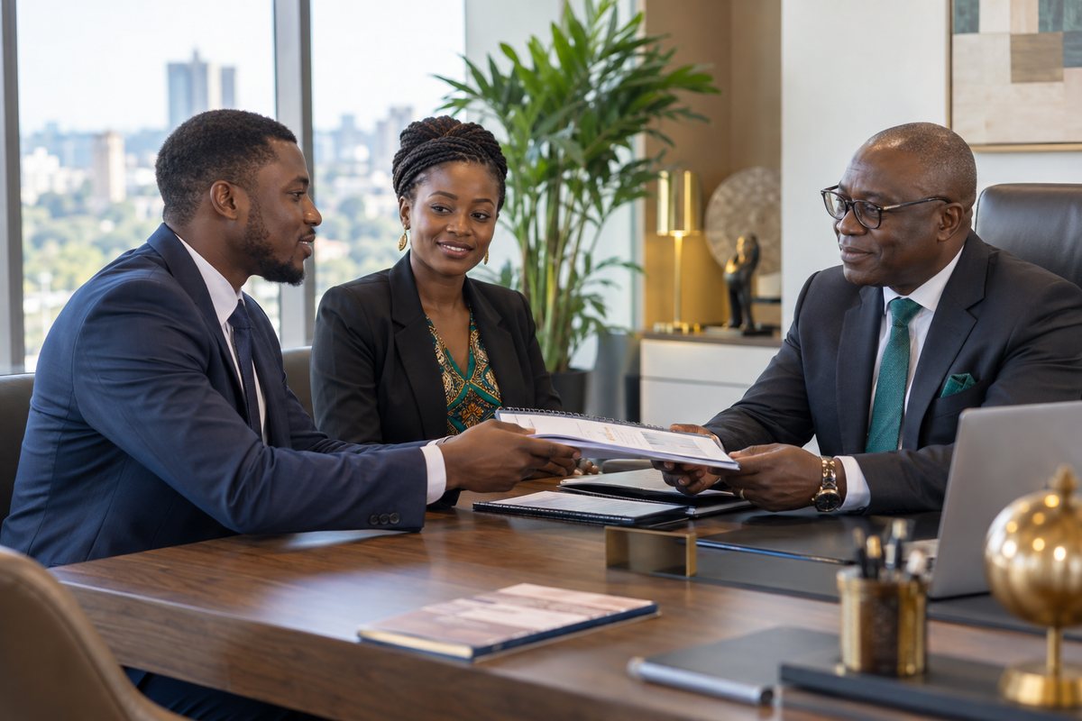 Jeunes entrepreneurs présentant leur business plan à un conseiller bancaire
