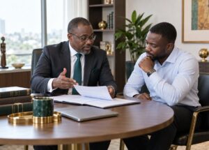 Conseiller fiscal et juridique en entretien avec un chef d'entreprise au Togo