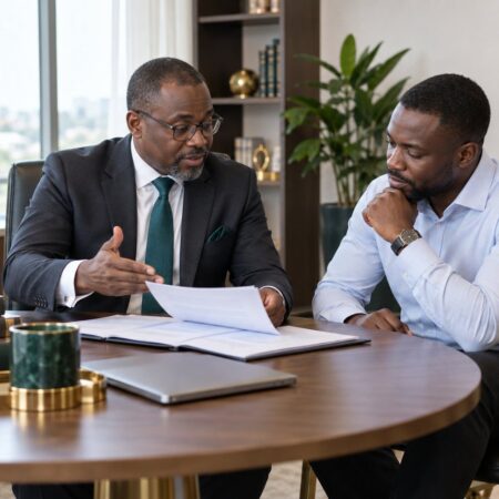 Conseiller fiscal et juridique en entretien avec un chef d'entreprise au Togo