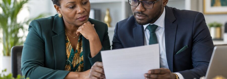 Deux professionnels lisant attentivement un courrier de l'administration fiscale