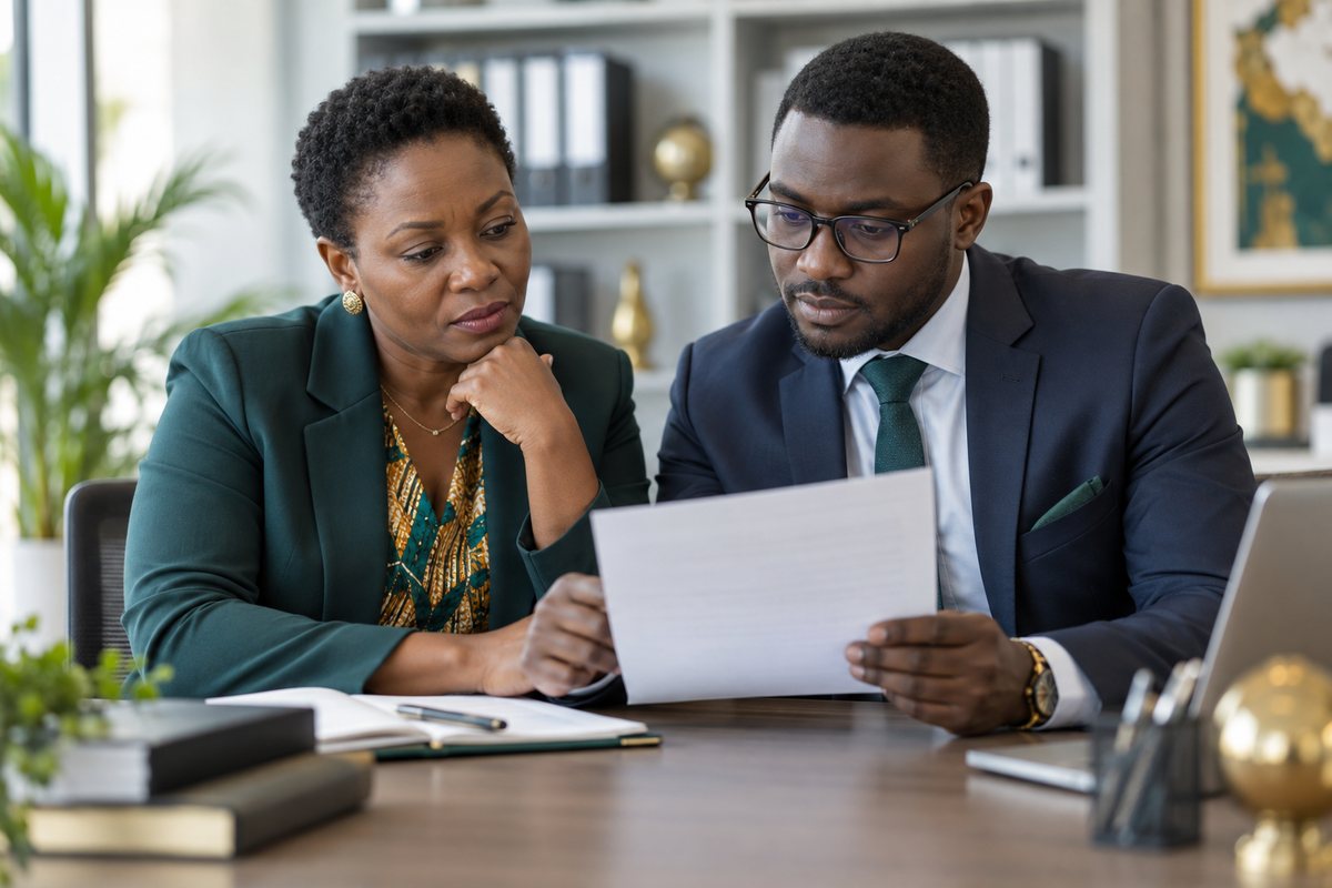 Deux professionnels lisant attentivement un courrier de l'administration fiscale