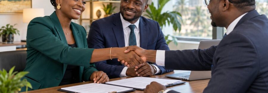 Jeunes entrepreneurs concluant la création de leur entreprise avec un conseiller à Lomé