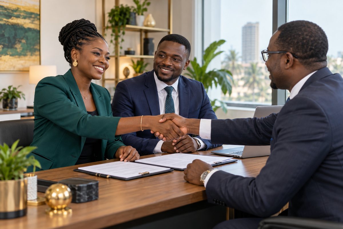 Jeunes entrepreneurs concluant la création de leur entreprise avec un conseiller à Lomé