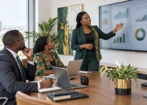 Analystes financiers étudiant un projet d'investissement lors d'une mission d'ingénierie financière