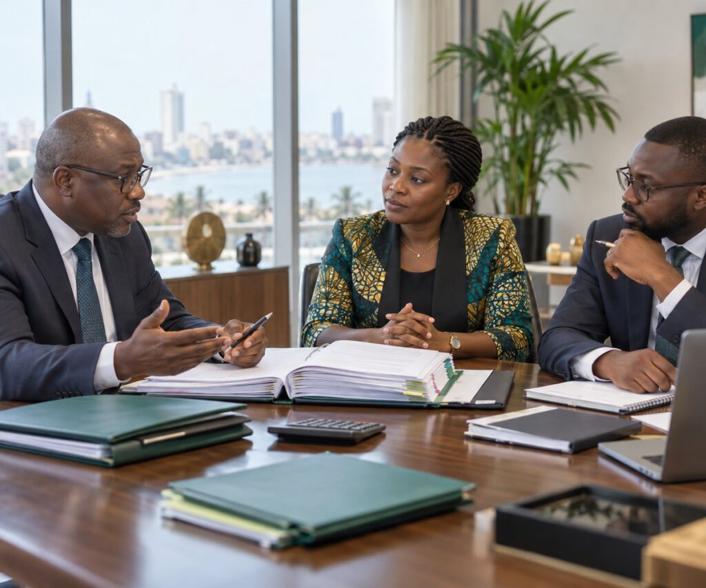 Réunion de travail sur le dossier d'une entreprise en difficulté, à Lomé