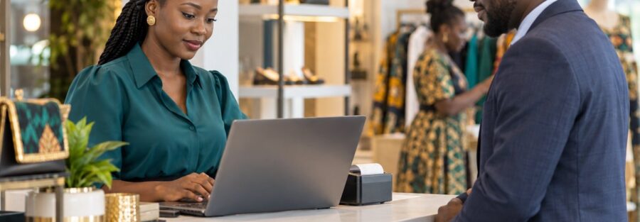 Gérante de boutique émettant une facture sur ordinateur au comptoir de son magasin