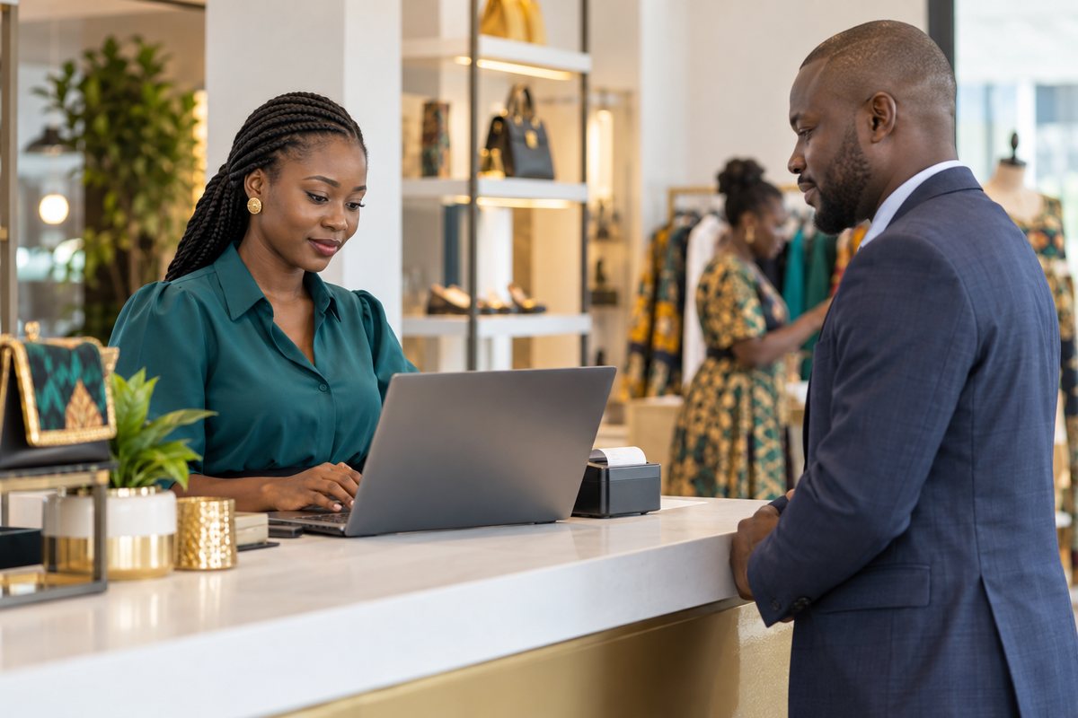 Gérante de boutique émettant une facture sur ordinateur au comptoir de son magasin