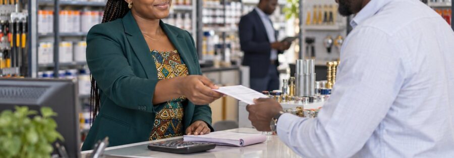 Commerçante remettant une facture à un client au comptoir de sa boutique