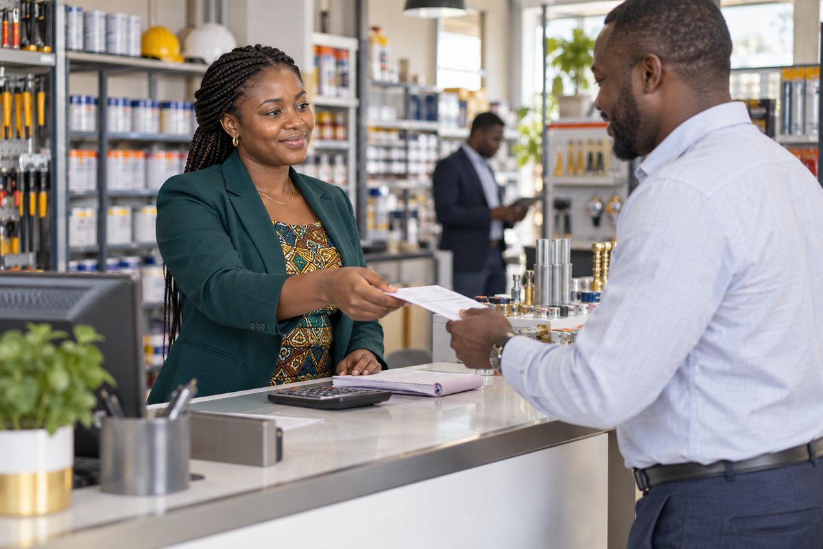 Commerçante remettant une facture à un client au comptoir de sa boutique