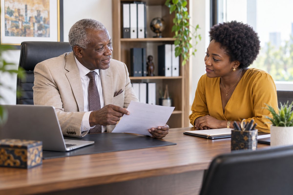 Entretien entre un comptable et une entrepreneure autour d'une proposition d'honoraires au Togo