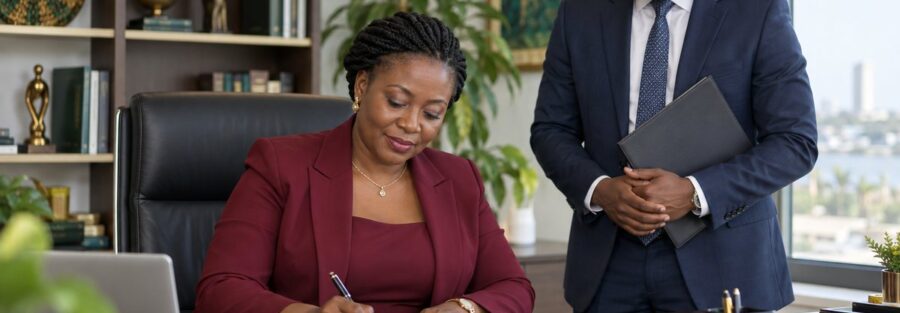 Dirigeante signant la déclaration de résultat de sa société avec son comptable