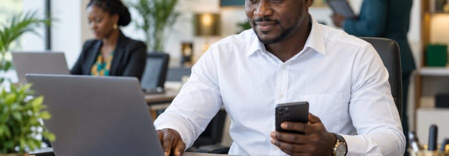 Chef d'entreprise remplissant une déclaration en ligne sur ordinateur et téléphone