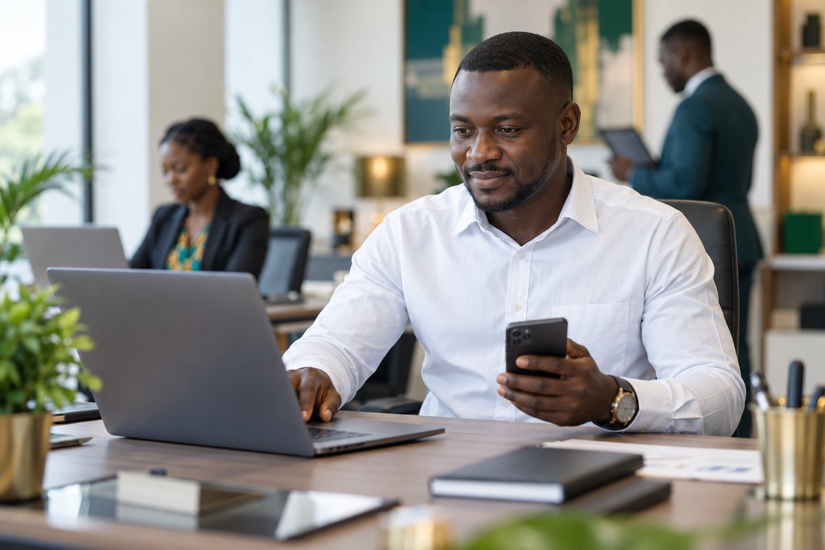 Chef d'entreprise remplissant une déclaration en ligne sur ordinateur et téléphone