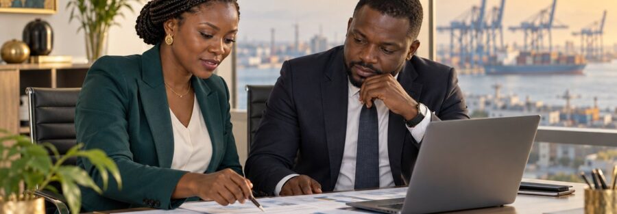 Investisseur étranger et associée togolaise étudiant un prévisionnel devant le port de Lomé