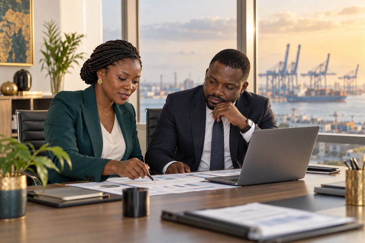 Investisseur étranger et associée togolaise étudiant un prévisionnel devant le port de Lomé