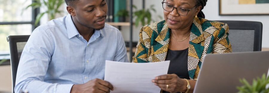 Salarié vérifiant son bulletin de paie avec une gestionnaire de paie