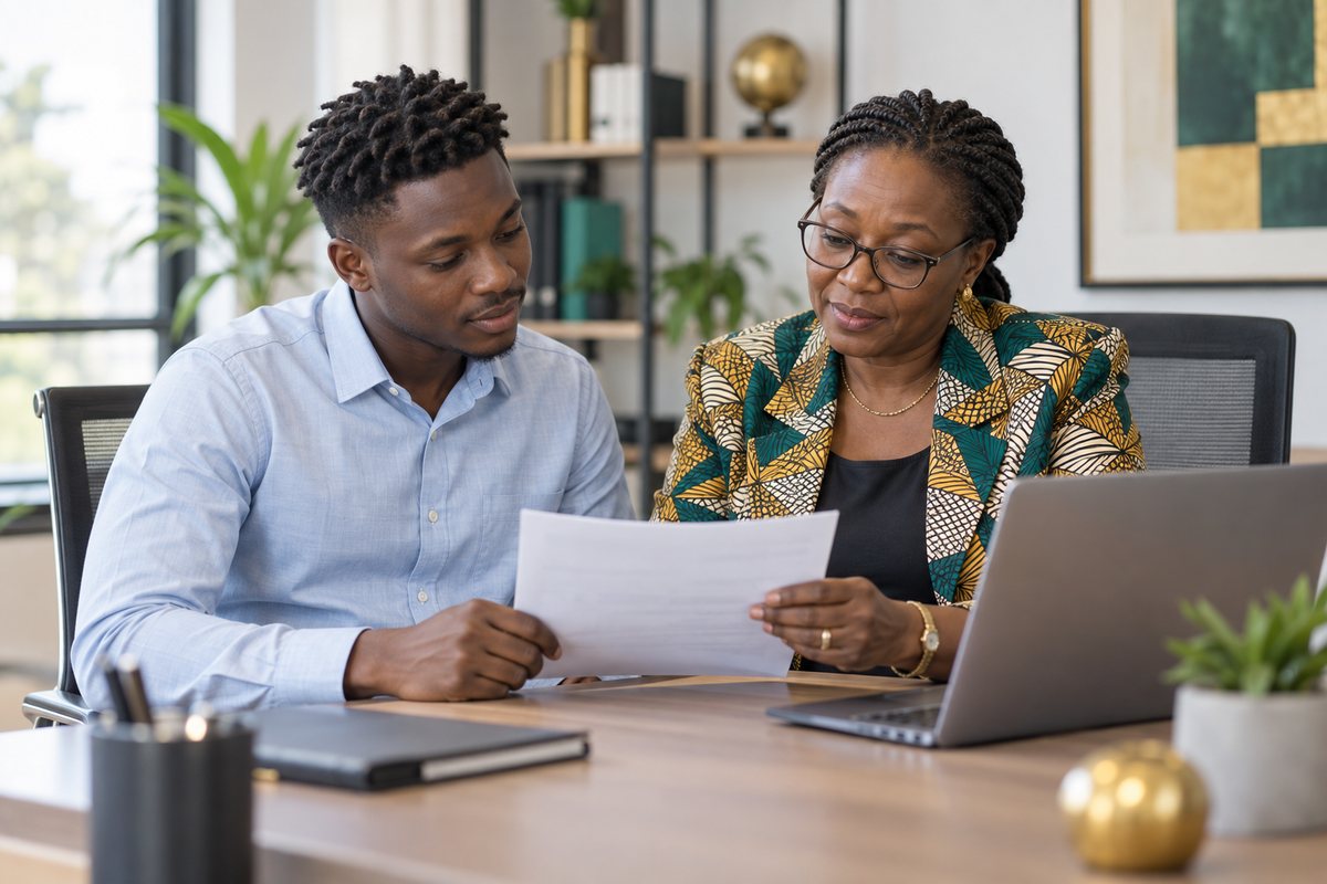 Salarié vérifiant son bulletin de paie avec une gestionnaire de paie