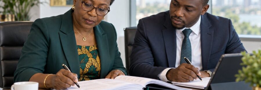 Directrice financière et collaborateur étudiant la loi de finances 2026 en réunion