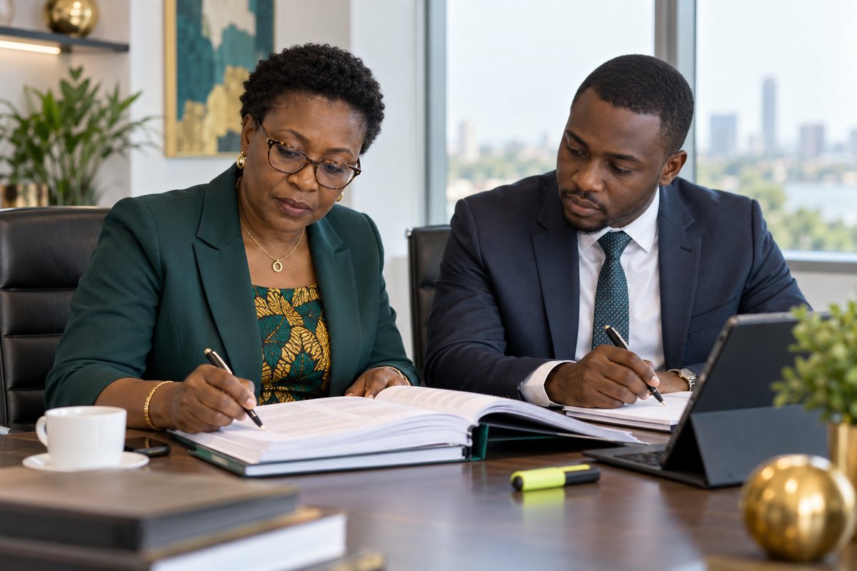 Directrice financière et collaborateur étudiant la loi de finances 2026 en réunion