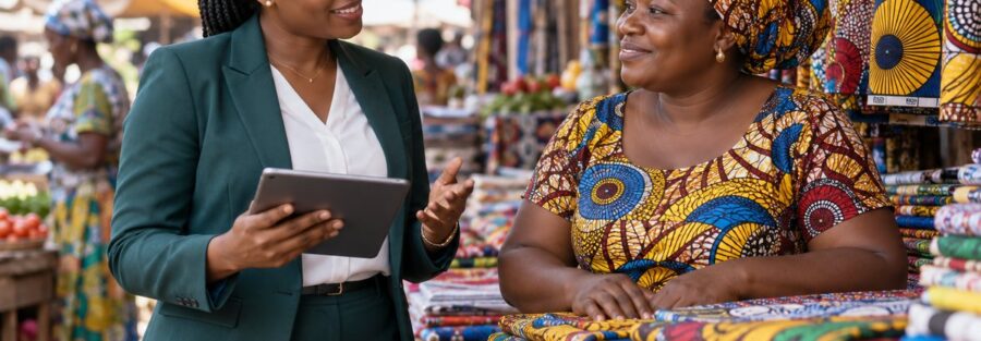 Agente de crédit d'une institution de microfinance échangeant avec une commerçante sur un marché de Lomé