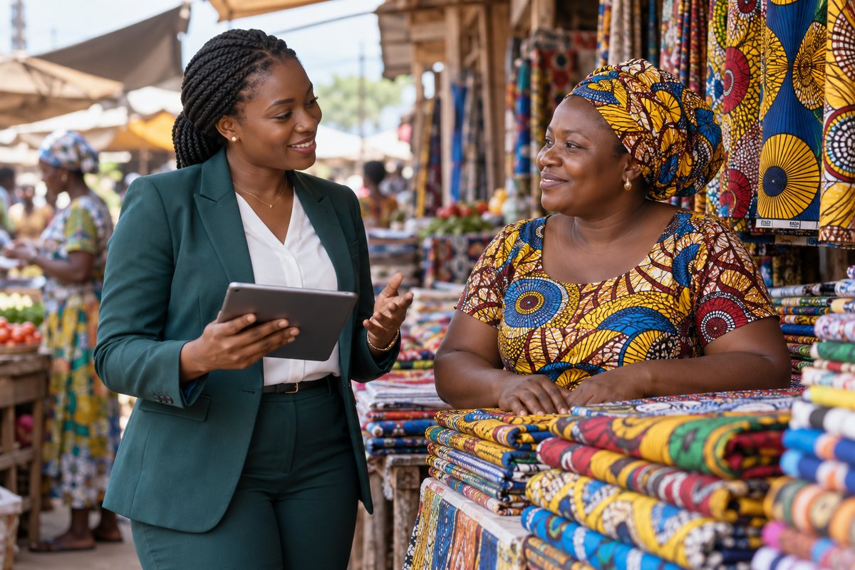 Agente de crédit d'une institution de microfinance échangeant avec une commerçante sur un marché de Lomé