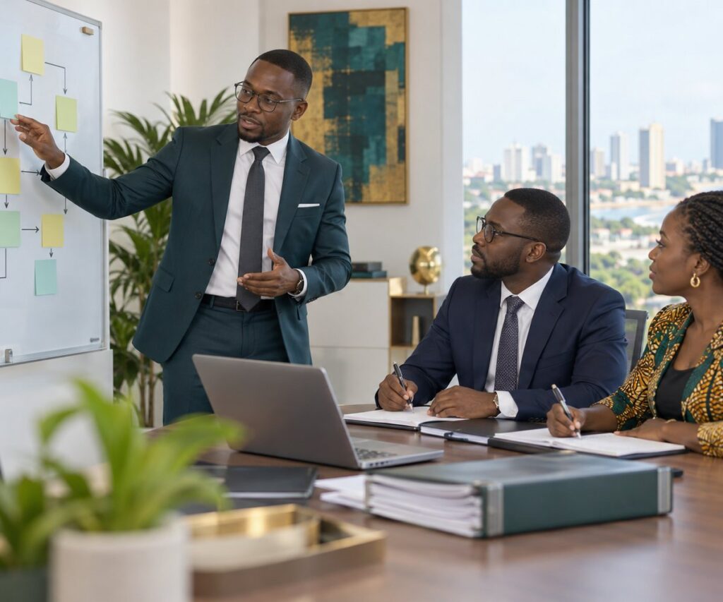 Consultant présentant un schéma d'organisation à deux responsables d'entreprise, à Lomé