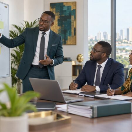 Organisation, management et ressources humaines - Togo Consultant présentant un schéma d'organisation à deux responsables d'entreprise, à Lomé