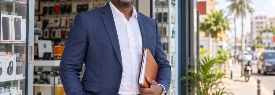 Commerçant devant la vitrine de sa boutique avec ses documents administratifs