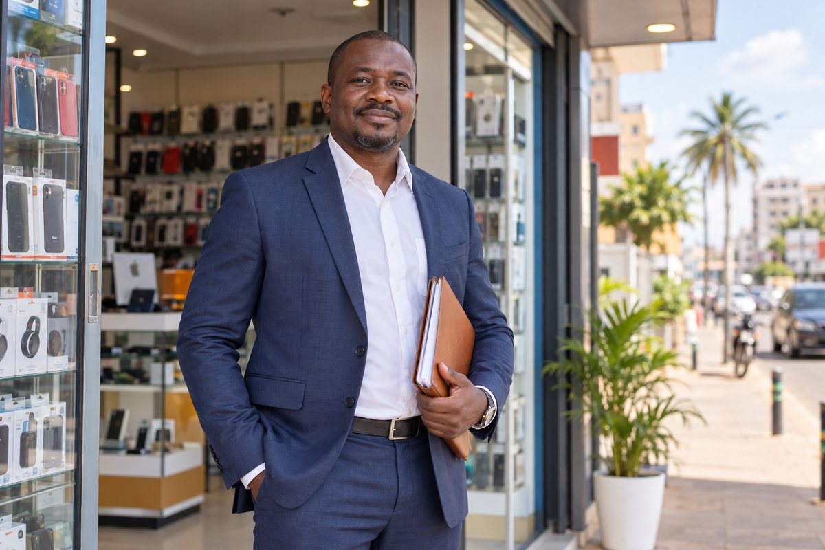 Commerçant devant la vitrine de sa boutique avec ses documents administratifs