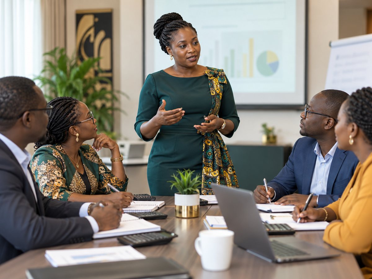 Formatrice animant une session de formation en gestion financière pour des cadres