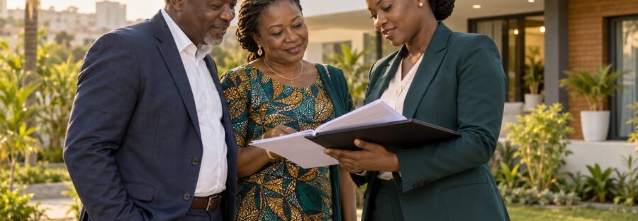 Propriétaires et conseillère examinant des documents devant une maison à Lomé