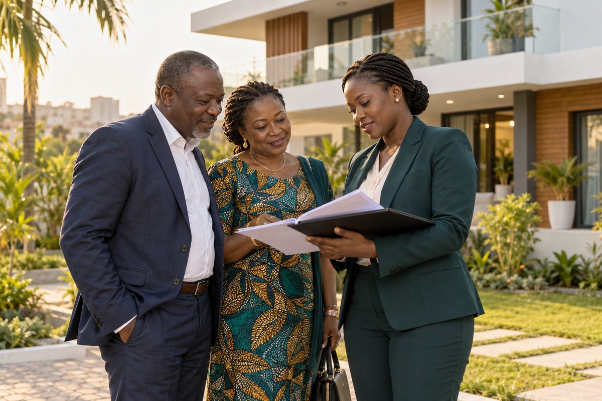Propriétaires et conseillère examinant des documents devant une maison à Lomé