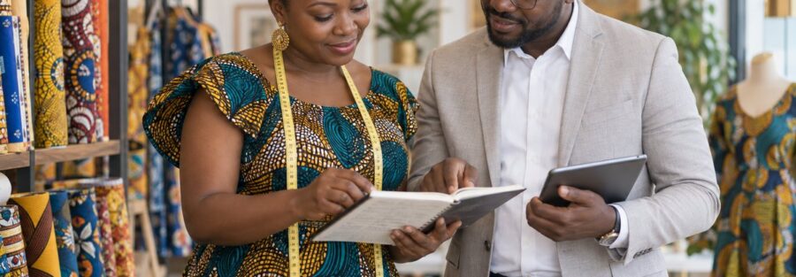 Commerçante d'une boutique de tissus revoyant son livre de recettes avec un conseiller