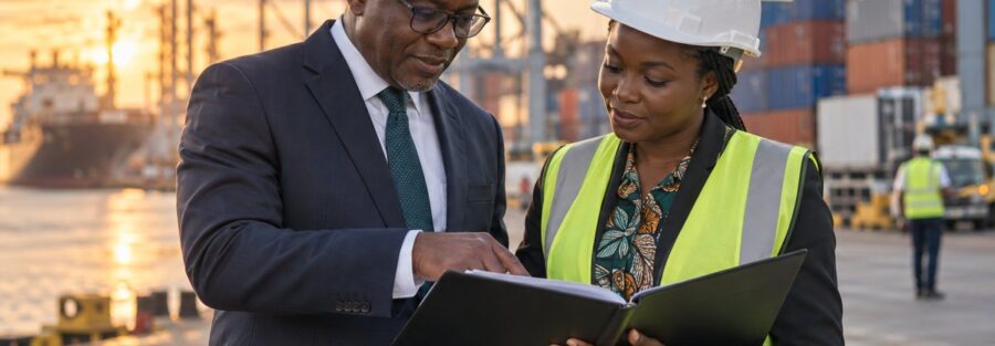 Dirigeant d'une société d'import-export et responsable logistique vérifiant des documents sur un terminal portuaire