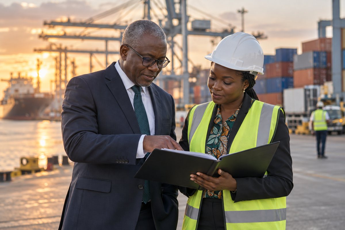 Dirigeant d'une société d'import-export et responsable logistique vérifiant des documents sur un terminal portuaire
