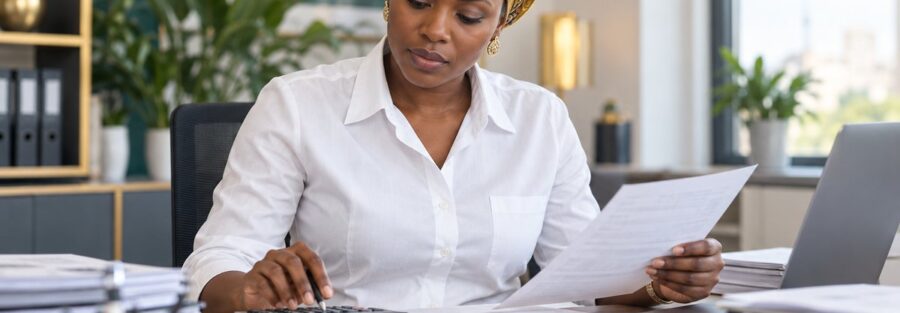 Comptable vérifiant des factures et le calcul de la TVA avec une calculatrice