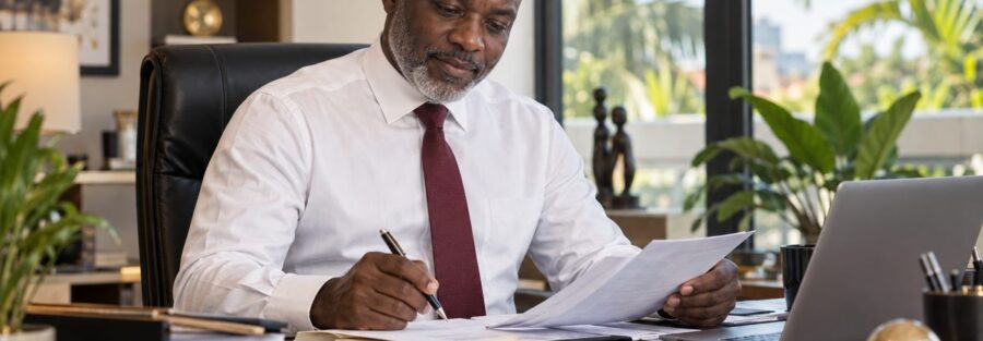 Conseiller fiscal relisant des documents fiscaux à son bureau, classeurs et ordinateur portable