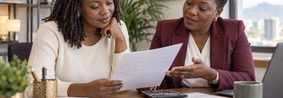Deux professionnelles vérifiant une facture avec une calculatrice dans un bureau